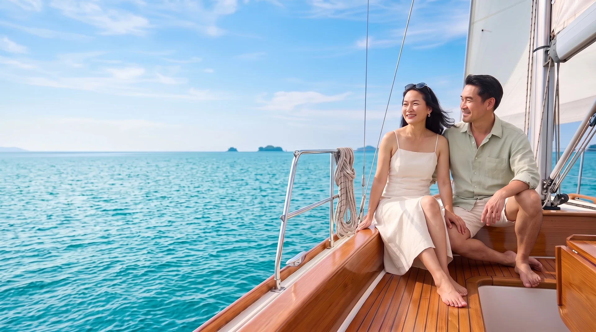 คู่หญิงชายวัย 45 ปีในชุดเที่ยวทะเลบนเรือใบ ทะเลสีเทอร์ควอยซ์และฟ้าสดใส