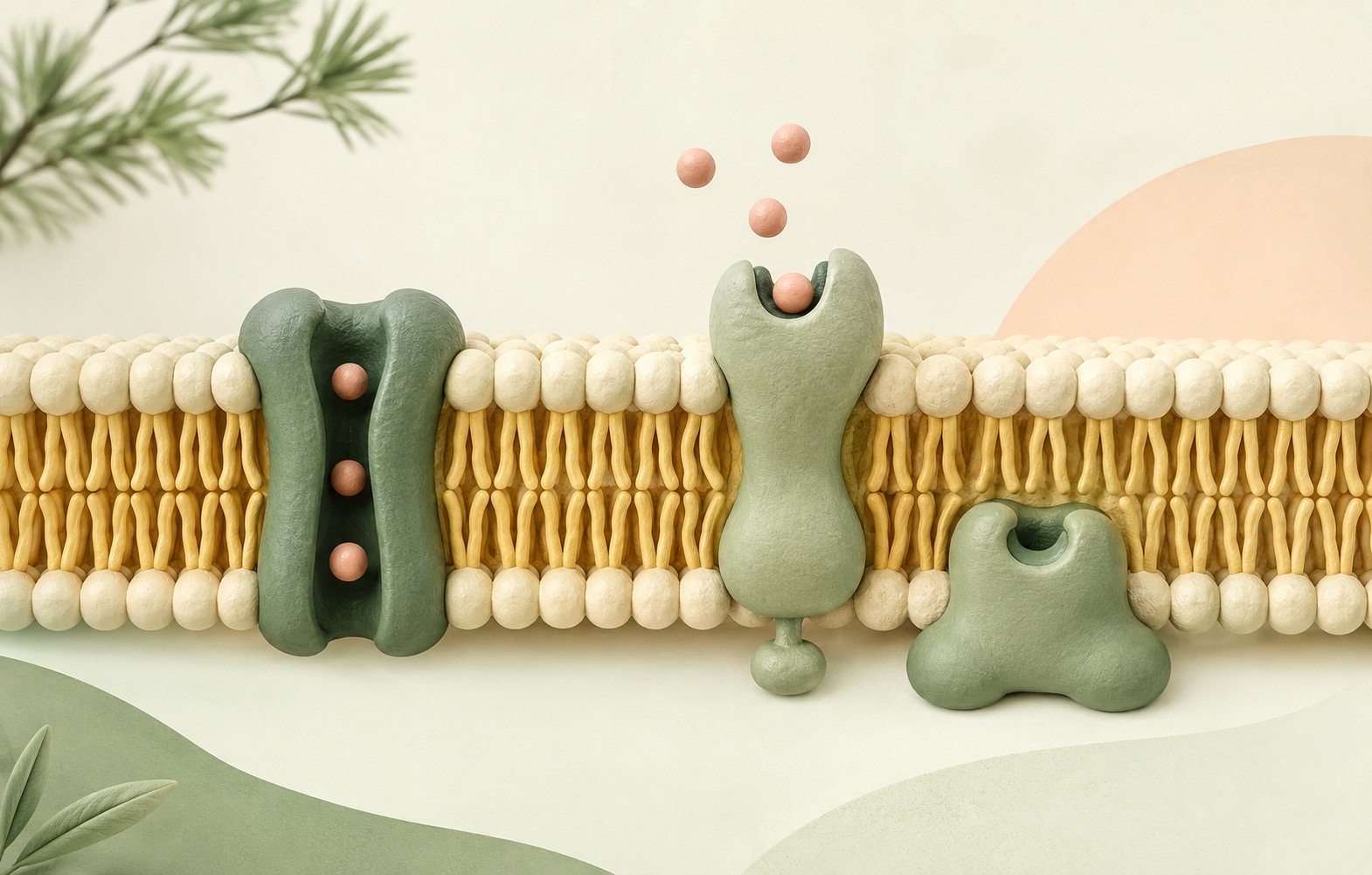 A labelled cell membrane illustration showing the lipid layer, protein channels, receptors and enzymes