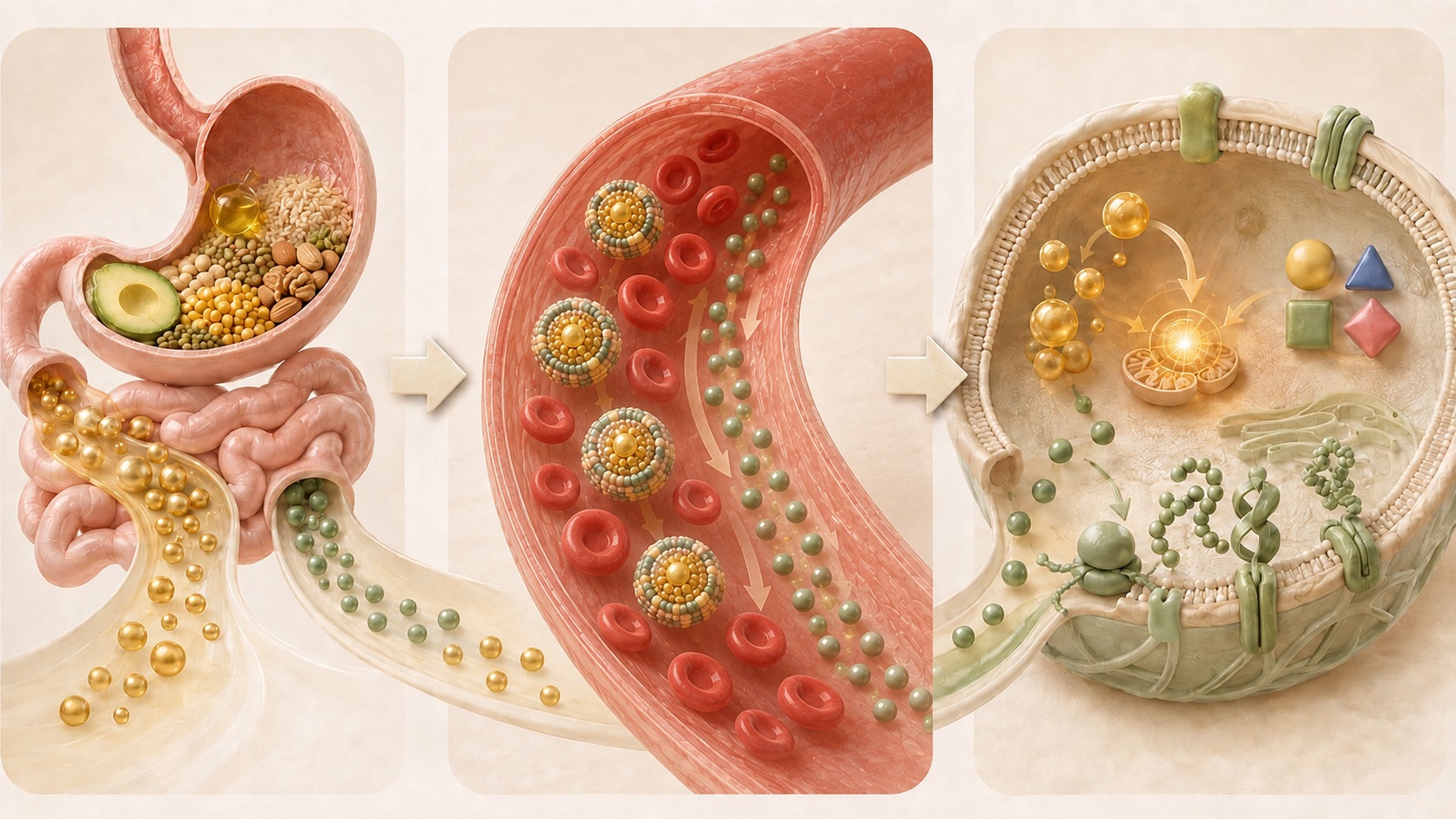 A three-stage illustration showing digestion, transport of fat and protein components, and their use by cells