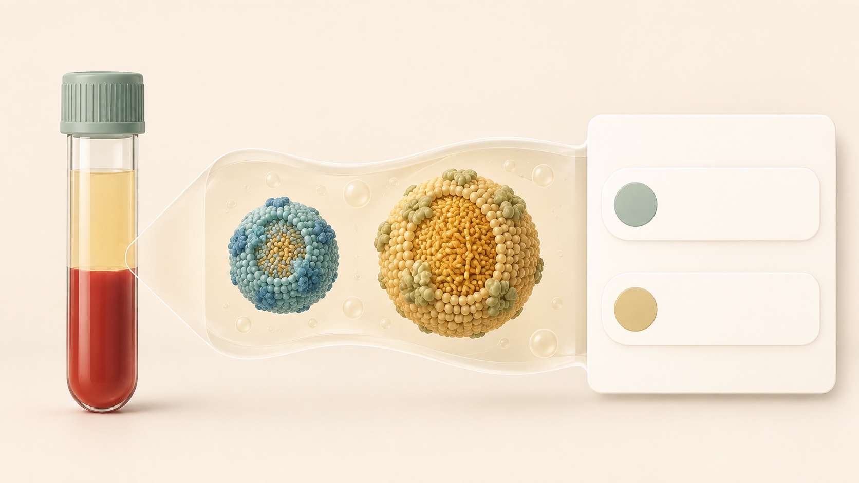 A labelled illustration of a blood sample tube, separate HDL and LDL particles, and a test report