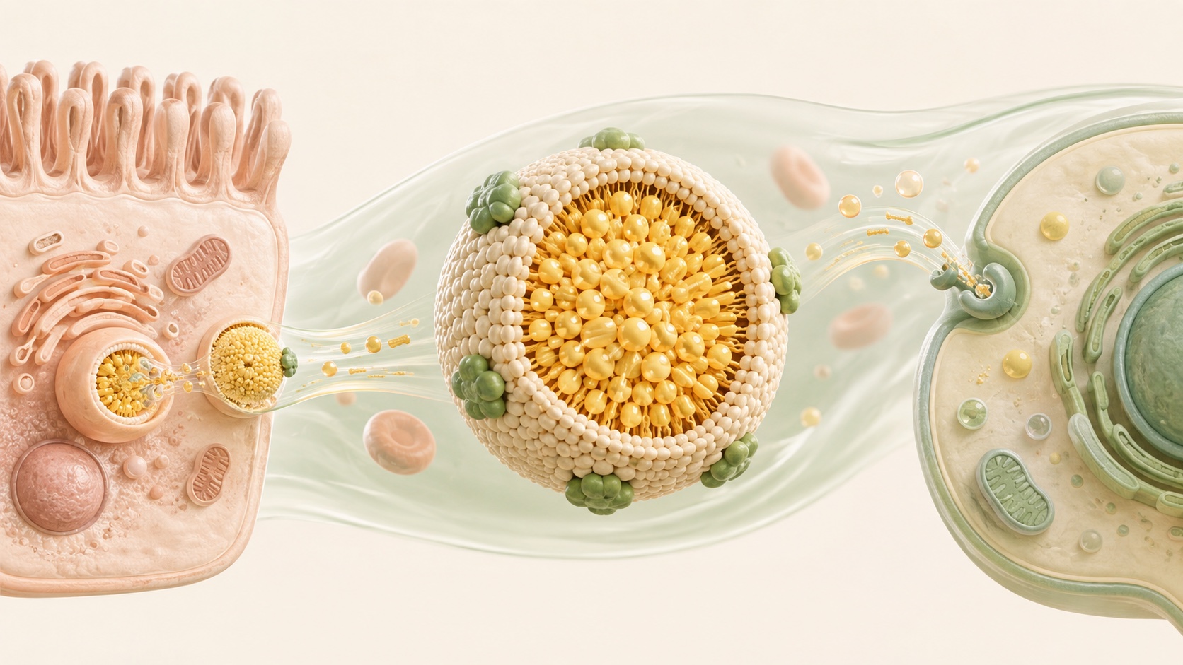 A labelled illustration of intestinal cells, lipoprotein particles in plasma and target cells