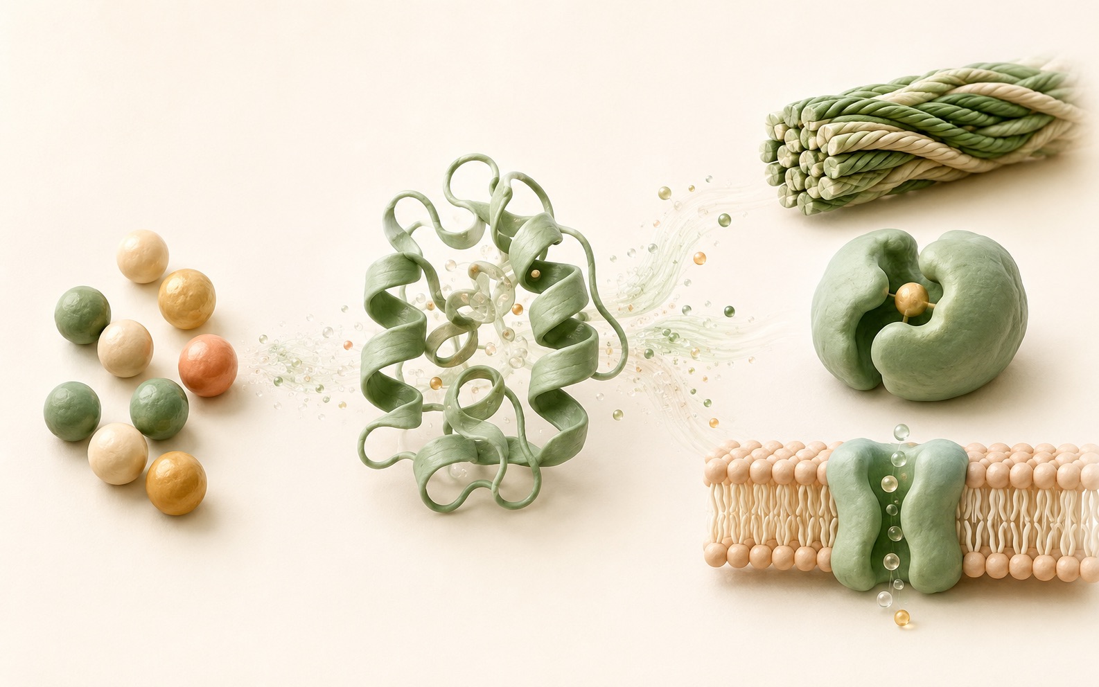 A labelled illustration of amino acids, functional proteins, structural proteins, enzymes and protein channels